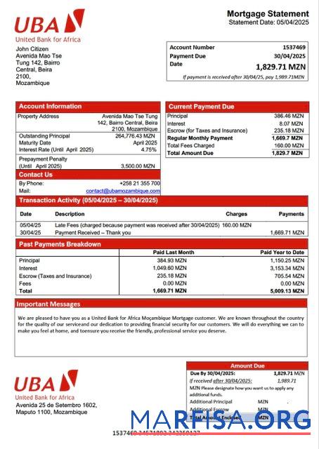 Downloadable Mozambique United Bank for Africa Moçambique mortgage statement Word and PDF template